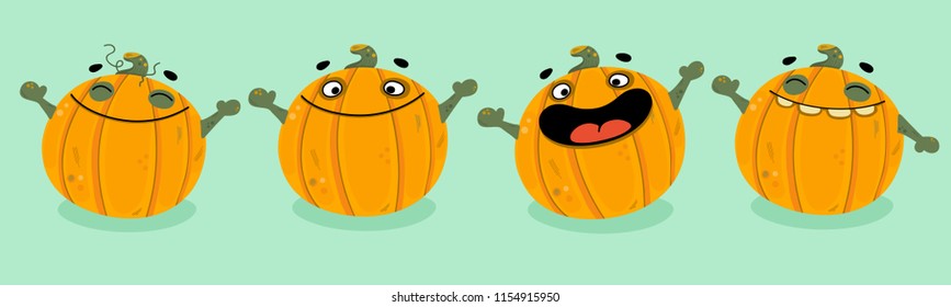Set of cute pumpkin cartoon vector illustrations. Happy pumpkins for kid's halloween party design, holiday invitation cards, posters and banners.