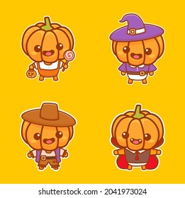 Set of cute pumpkin character wear halloween costume. Cute sticker Cartoon vector
