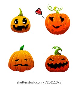 Set of cute pumpkin characters with different emotions: sad, lovely, happy, angry, for Halloween, on white background. Vector illustration in cartoon style.