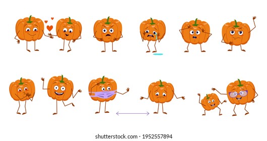 Set of cute pumpkin characters with emotions, faces, arms and legs. Cheerful or sad heroes, orange autumn vegetables play, fall in love, keep their distance. Vector flat Halloween decorations.