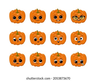 Set of cute pumpkin characters with joyful and sad emotions, face, big eyes and wide happy smile or tears. Halloween party decoration. Mischievous orange Autumn vegetable hero