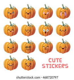 Set of cute pumpkin emoji stickers. Good for Halloween or harvest holiday decoration. Isolated objects on white background.