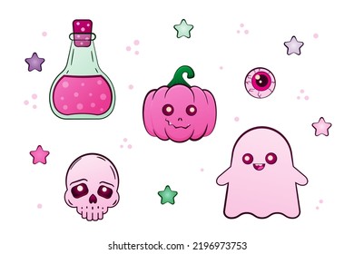 Set with cute pumpkin, ghost, skull, potion, eye. Pink color. Symbols of a happy Halloween holiday. Vector illustration