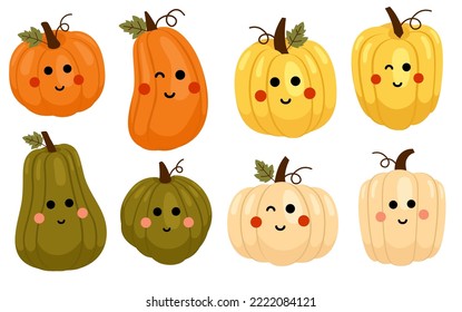 Set of cute pumpkin. Holiday background with carving pumpkins.