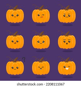 Set of cute pumpkin mascot with face expressions.Flat vector illustration