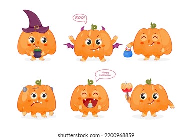 Set of cute pumpkin monsters. Stickers with funny Halloween characters with bat wings, witch hat and candies. Design elements for holiday. Cartoon flat vector collection isolated on white background