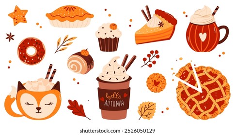 Set of cute pumpkin spice products, food and drinks isolated on white background. Seasonal flavored products, latte in a fox cup, donut, cupcake, pie, cinnamon bun. Vector flat illustration