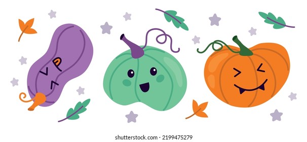 Set of cute pumpkins colored doodle. Vector illustration
