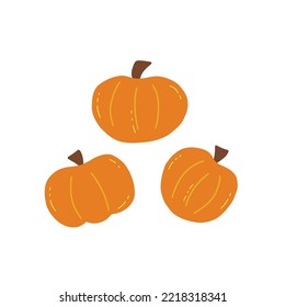 Set of cute pumpkins. Colorful doodle vector isolated illustration hand drawn. Happy Halloween. Harvesting autumn season. Ripe gourd, organic vegetable food group