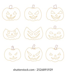 Conjunto de calabazas lindas. Ilustración de dibujo de contorno. 