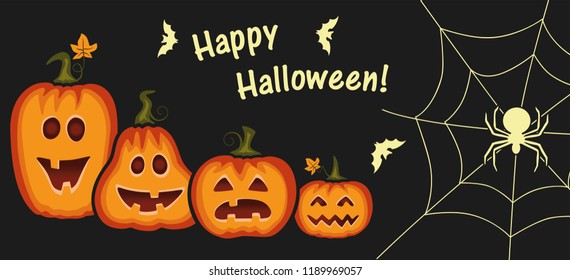 Set cute Pumpkins, ghosts, spook, horror. Poster for happy Halloween. Vector illustration for print. Scary fairy. Card for friends, family. Ghost shadow funny. Background with web. Cartoon vegetables