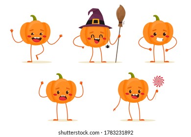 Set of cute pumpkins for Halloween. Happy Halloween. Vector isolates in flat cartoon style.