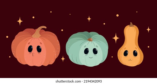 Set of cute pumpkins for Halloween, cute smiling pumpkins, ready-made vector pumpkins banner, autumn pumpkins in hand drawn style