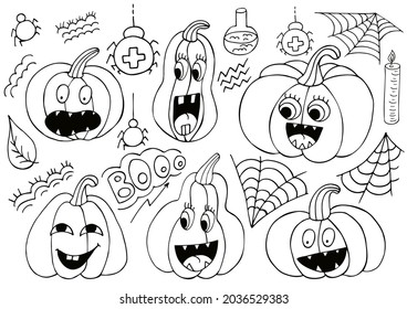 Set of cute pumpkins in hand draw style. Collection of vector illustrations. Halloween elements, cartoon style. Sign, sticker, pin