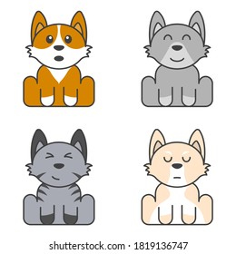 A set of cute puppies with multi-colored fur and different faces. Surprised, contented, brooding and happy dog. Isolated vector illustration on white background.