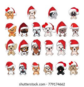 set of cute puppies in red caps with white pompons. 22 dogs of different breeds