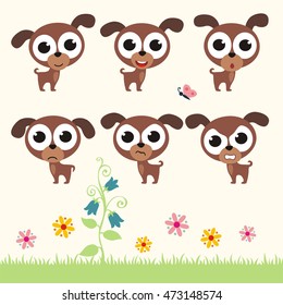 Set of cute puppy dog with big eyes in different emotions.