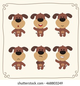 Set of cute puppy dog in different emotions in cartoon style.