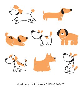 Set of cute puppy dog pet. Happy and funny dog collection. Cartoon animal character illustration.