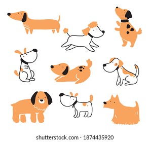 Set of cute puppy dog pet. Happy and funny dog collection. Cartoon animal character illustration.