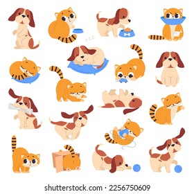 Set of cute puppy and kitten. Adorable little pet animals playing, sleeping and eating cartoon vector