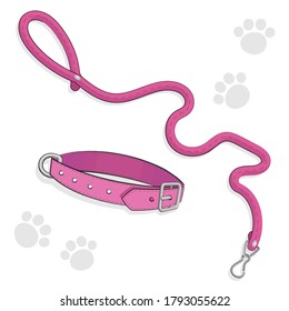 Set of Cute Puppy or Kitty stuff. Dog and cat collar and leash. Pet Shop or Vet Concept. Vector illustration isolated on white background. Cartoon pet care. Funny lovely goods for pet hotel.