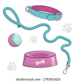 Set of Cute Puppy or Kitty stuff. Dog and cat collar and leash. Pet Shop or Vet Concept. Vector illustration isolated on white background. Cartoon pet care. Funny lovely goods for pet hotel.