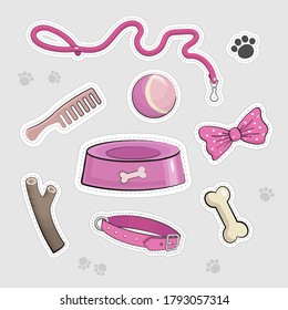 Set of Cute Puppy or Kitty stuff. Dog and cat collar and leash. Pet Shop or Vet Concept. Vector illustration isolated on white background. Cartoon pet care. Funny lovely goods for pet hotel.