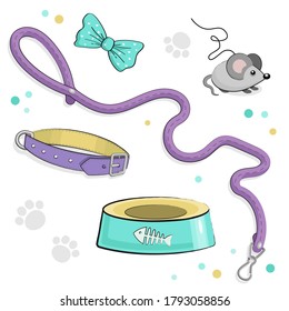 Set of Cute Puppy or Kitty stuff. Dog and cat collar and leash. Pet Shop or Vet Concept. Vector illustration isolated on white background. Cartoon pet care. Funny lovely goods for pet hotel.