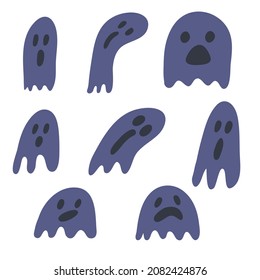 Set of cute purple cartoon ghost poltergeist hand drawn, ghosts for halloween design vector