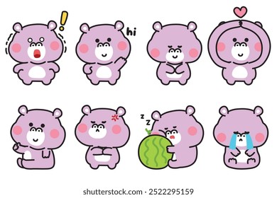 Set of cute pygmy hippopotamus in various feeling and poses.Emotional.Mammals animal character cartoon design.Image for card,sticker,decorated,baby product.Kawaii.Vector.Illustration.