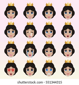 Set of cute queen emoticons. Various emotions of the character. Set of avatar icons. Vector illustration.