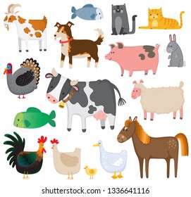A set of cute quirky farm animals. Vector illustrations. 