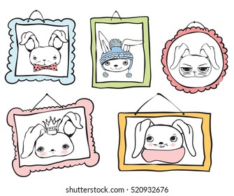 Set of cute rabbit avatars portraits. Vintage vector typography poster
