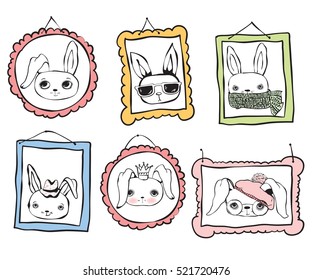 Set of cute rabbit avatars portraits. Vintage vector typography poster
