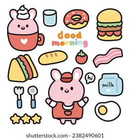 Set of cute rabbit with breakfast concept icon cartoon.Rodent animal character cartoon design collection.Bread,donut,sandwich,bacon,tomato hand drawn.Kawaii.Vector.Illustration.