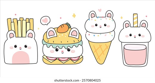 Set of cute rabbit bunny in food concept.Fastfood.Hamburger,fresh fried,ice cream,drink.Rodent animal character cartoon.Kawaii.Vector.Illustration.