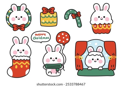 Set of cute rabbit bunny in merry christmas festival.Happy new year.Winter.Gift,balloon,cupcake,wreath.Rodent animal character cartoon design.Kawaii.Vector.Illustration.