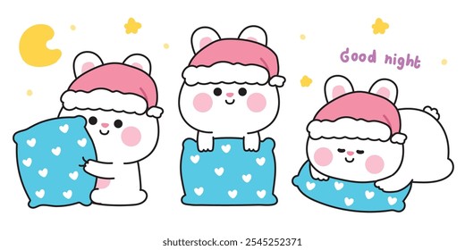 Set of cute rabbit bunny in sleepy feeling with pillow.Moon and star.Good night.Night time.Sweet dream.Rodent animal character cartoon design.Kawaii.Vector.Illustration. 