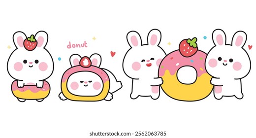 Set of cute rabbit bunny with strawberry donut.Bakery and sweet hand drawn.Rodent animal character cartoon design.Image for card,sticker,baby clothing.Kawaii.Vector.Illustration.