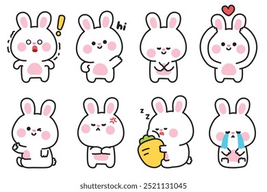 Set of cute rabbit bunny in various feeling and poses.Emotional.Easter.Rodent animal character cartoon design.Image for card,sticker,decorated,baby product.Kawaii.Vector.Illustration.