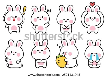 Set of cute rabbit bunny in various feeling and poses.Emotional.Easter.Rodent animal character cartoon design.Image for card,sticker,decorated,baby product.Kawaii.Vector.Illustration.