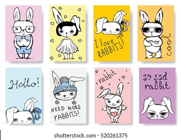 Vektor Stok Set Cute Rabbit Cards Vintage Vector (Tanpa Royalti ...