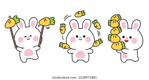 Set of cute rabbit with carrot in various poses.Easter.Aerobics.Circus.Theme park.Rodent animal character cartoon.Kawaii.Vector.Illustration.