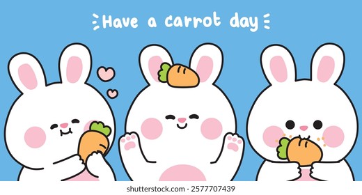 Set of cute rabbit with carrot in various poses.Easter.Rodent pet farm animal cartoon.Image for card,sticker,baby clothing,print screen.Kawaii.Vector.Illustration.