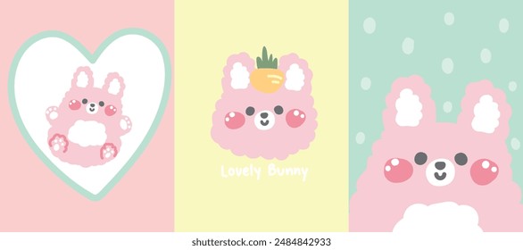 Conjunto de conejo lindo y zanahoria.Bunny.Easter.Animal roedor personaje de dibujos animados.Notas de la cubierta.Notas de papel.Stationary.Imagen para tarjeta, pegatina, decoración, ropa de bebé.Kawaii.Vector.Illustración.