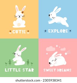 Set of cute rabbit in cartoon style with phrase. Bunny pet silhouette. Hare and rabbit colorful illustration for childrens book, postcards and posters.