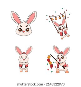 Set of cute rabbit cartoon with traditional clothes Zodiac sign Vector illustration