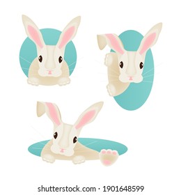 Set von Cute-Rabbit-Zeichen. Fröhlicher Ostersonniger Blick aus Burg einzeln auf weißem Hintergrund. Vektorgrafik.