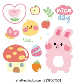 Set Of Cute Rabbit And Chicken Face Cartoon.Easter Day.Spring.Flower,leaf,carrot,butterfly,apple Hand Drawn.Kawaii.Vector.Illustration.